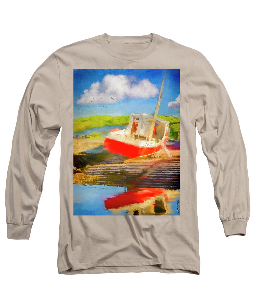 Red Long Sleeve T-Shirt featuring the digital art Red Fishing Boat by Ken Morris
