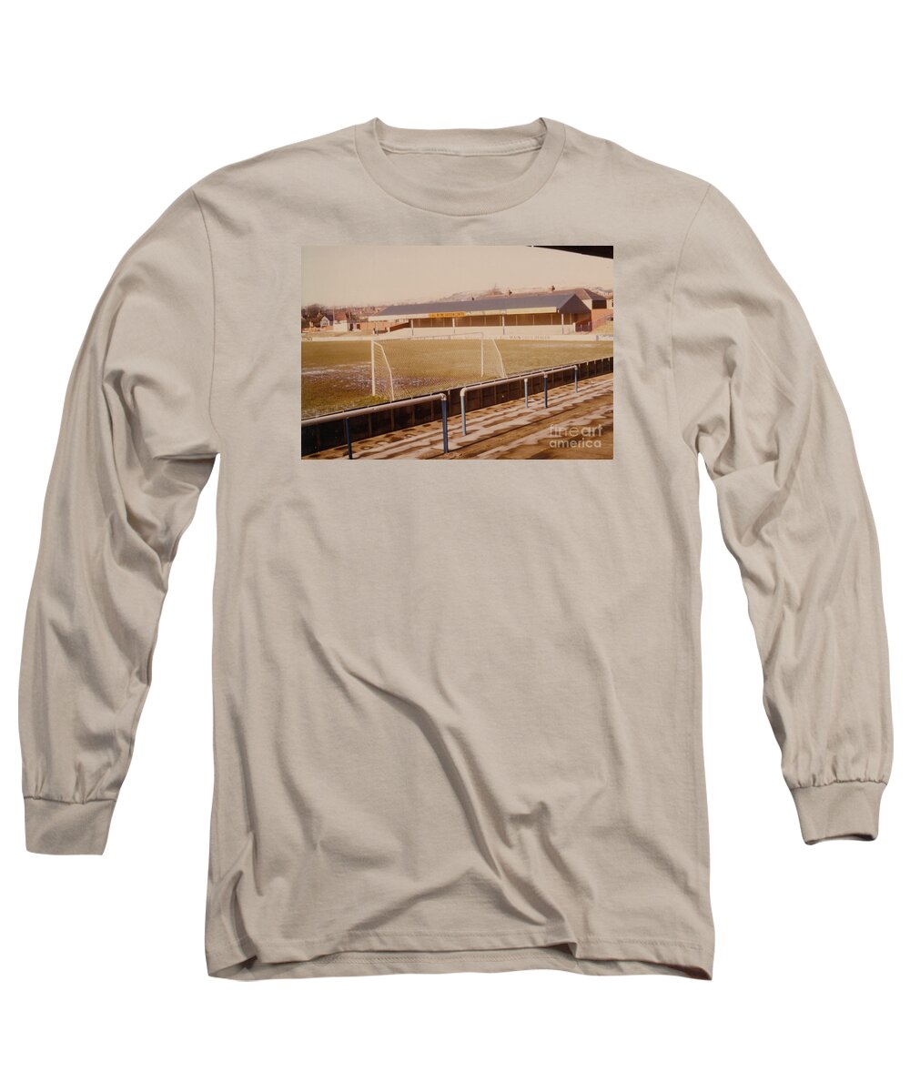  Long Sleeve T-Shirt featuring the photograph Rochdale - Spotland Stadium - Willbutts Lane North Stand 2 - 1970s by Legendary Football Grounds