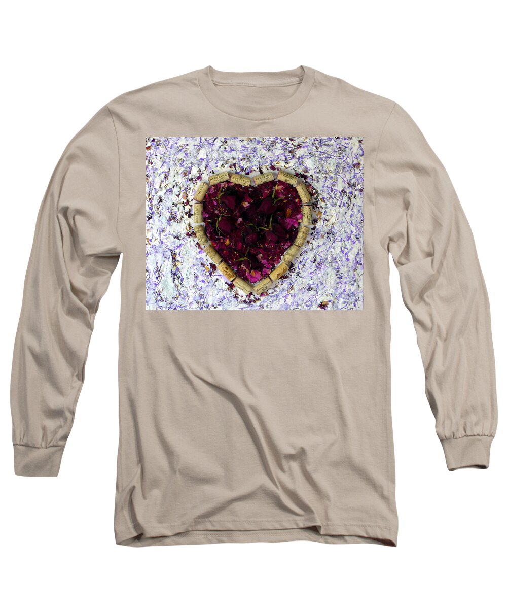 Rose Long Sleeve T-Shirt featuring the painting Rose Heart Cork Collage by Mars Besso