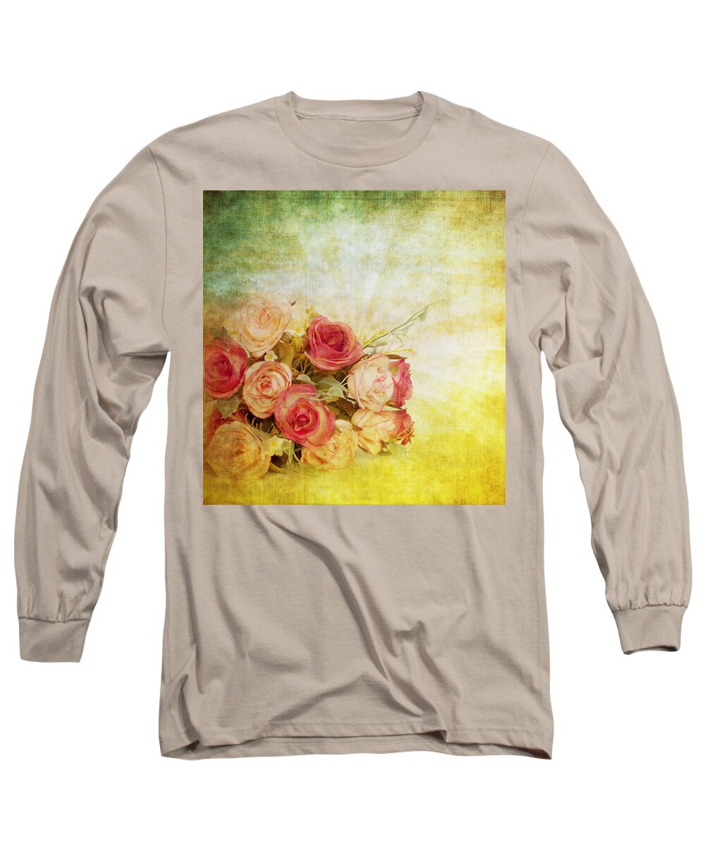 Abstract Long Sleeve T-Shirt featuring the painting Roses Pattern Retro Design by Setsiri Silapasuwanchai