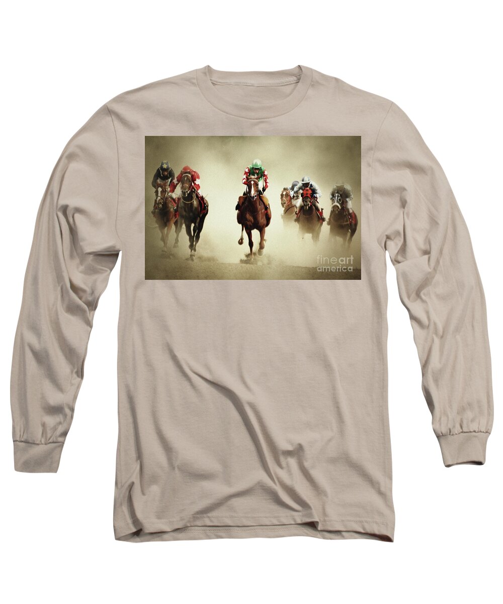 Horse Long Sleeve T-Shirt featuring the photograph Running horses in dust by Dimitar Hristov