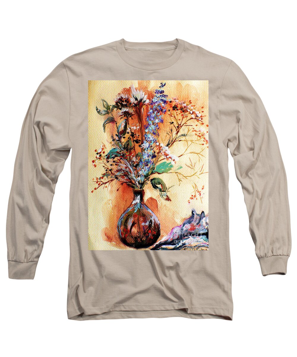 Dry Flowers Long Sleeve T-Shirt featuring the painting Rusty Arrangement by Linda Shackelford