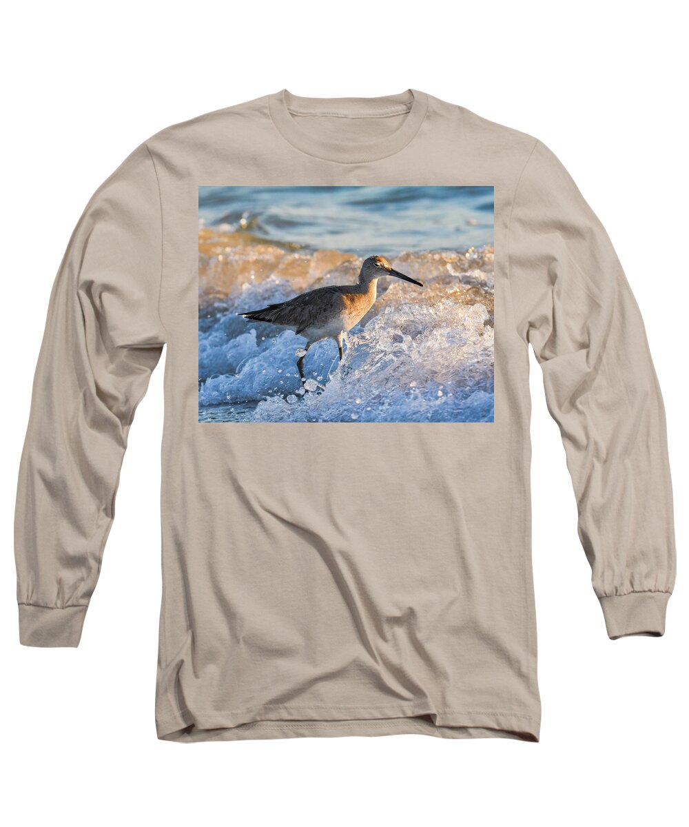 Baird's Long Sleeve T-Shirt featuring the photograph Sandpiper Bathing at Sunset by Artful Imagery