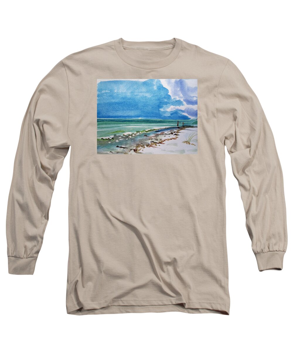 Sanibel Island Florida Turqouise Water Beach Coastal Long Sleeve T-Shirt featuring the painting Sanibel Wracklines by Maggii Sarfaty