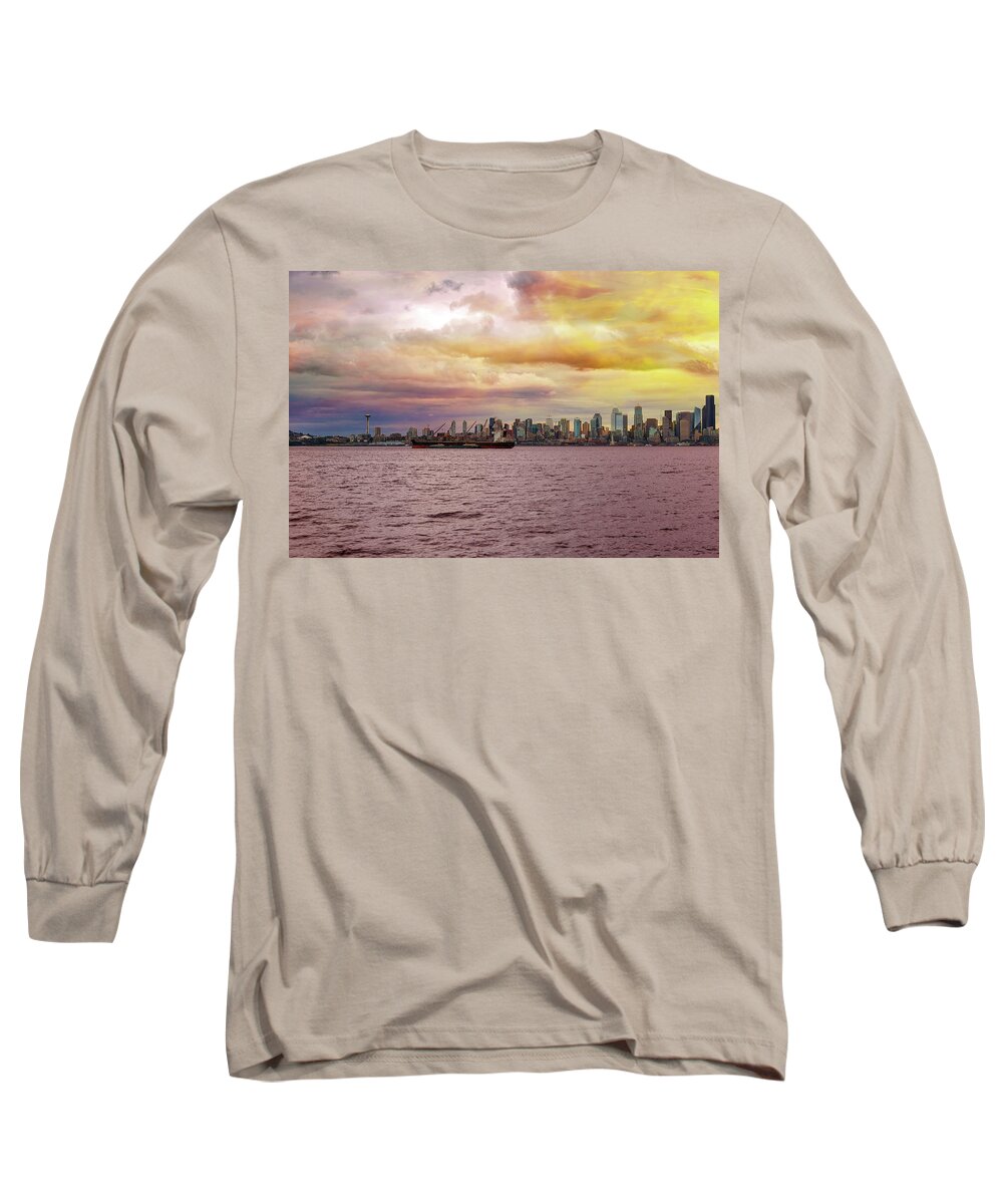 Seattle Long Sleeve T-Shirt featuring the photograph Seattle Skyline along Elliott Bay by David Gn