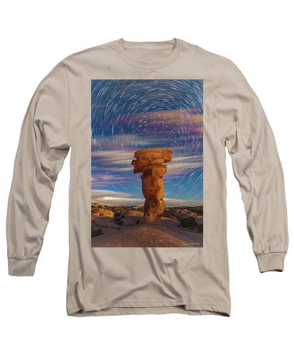 Moab Long Sleeve T-Shirt featuring the photograph Secret Spire and Star Trails by Dan Norris