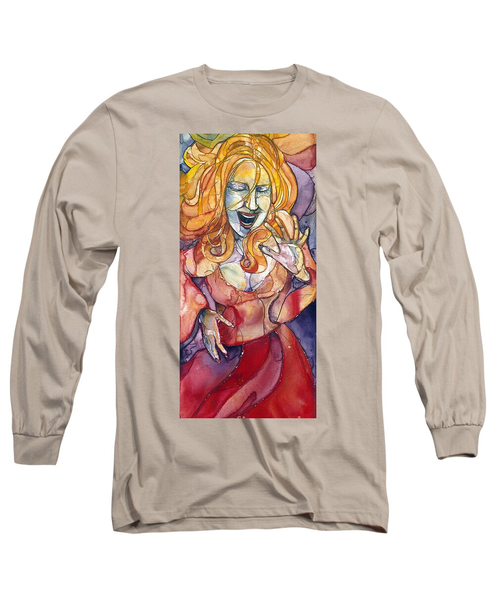 Watercolor Long Sleeve T-Shirt featuring the painting Singing Lady Pop by Amy Stielstra