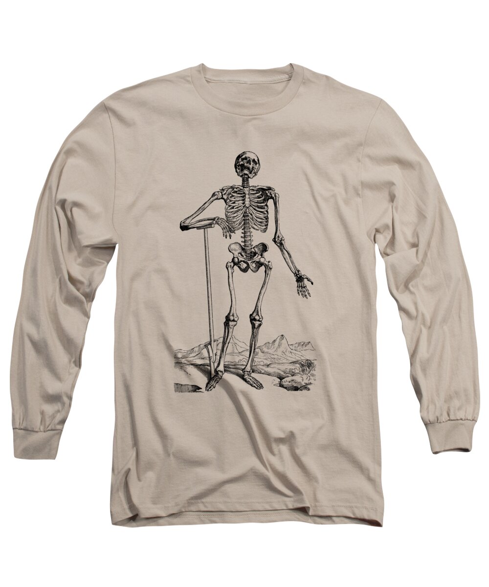 Skull Long Sleeve T-Shirt featuring the drawing Skeleton In The Wild - Vintage Anatomy Print by Vintage Anatomy Prints