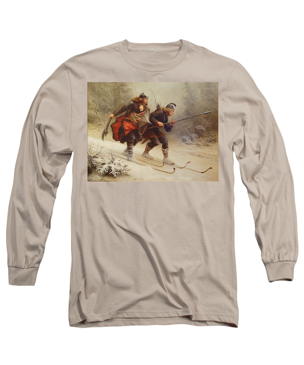 Knud Bergslien Long Sleeve T-Shirt featuring the painting Skiing Birchlegs Crossing the Mountain with the Royal Child by Knud Bergslien
