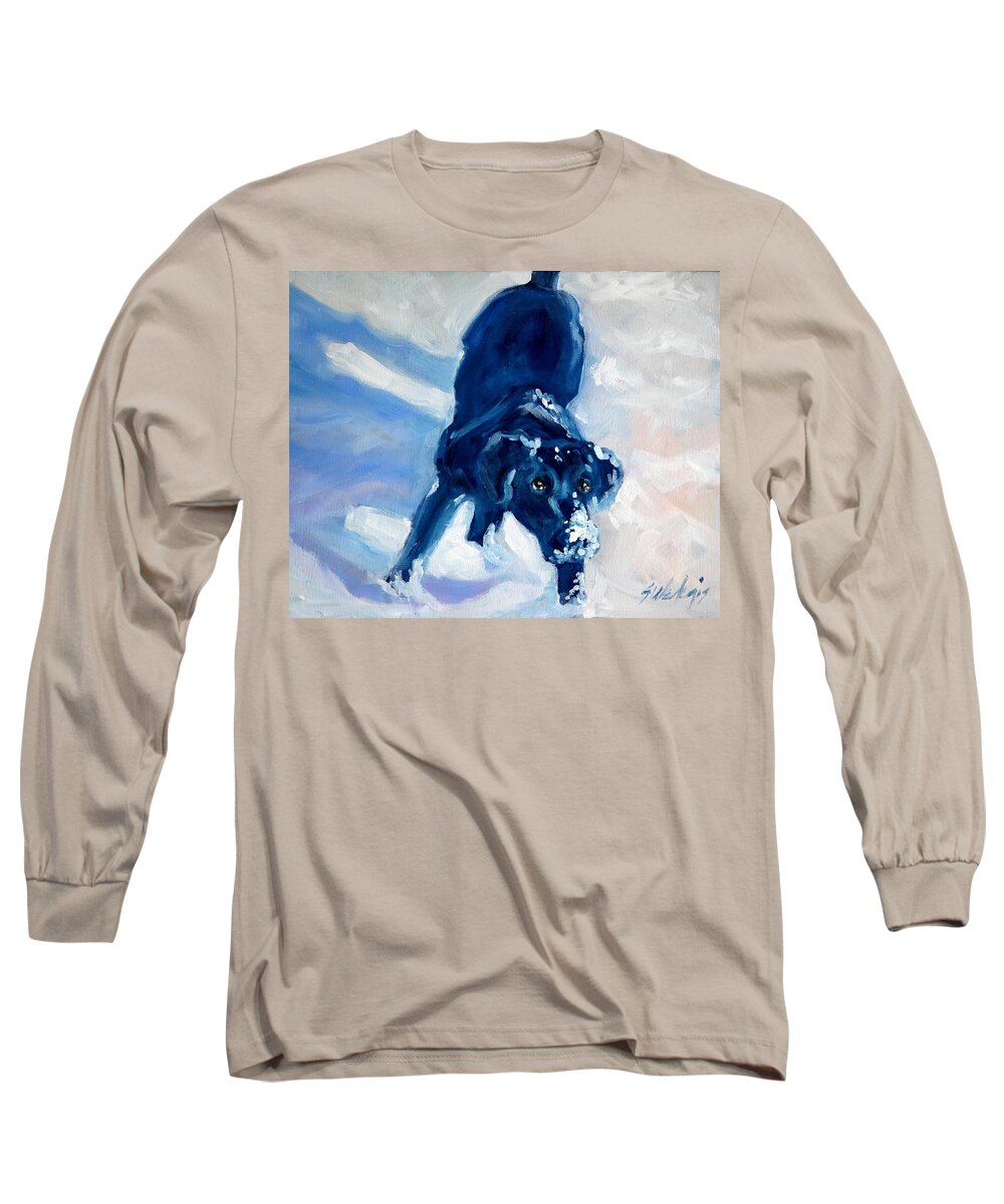 Black Lab Long Sleeve T-Shirt featuring the painting Snow Boy by Sheila Wedegis