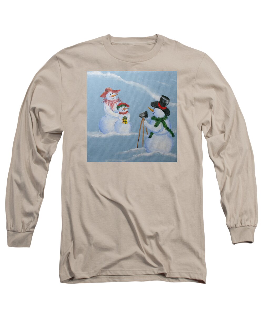 Snowman Long Sleeve T-Shirt featuring the painting Snowie Photographer by Donna Tucker