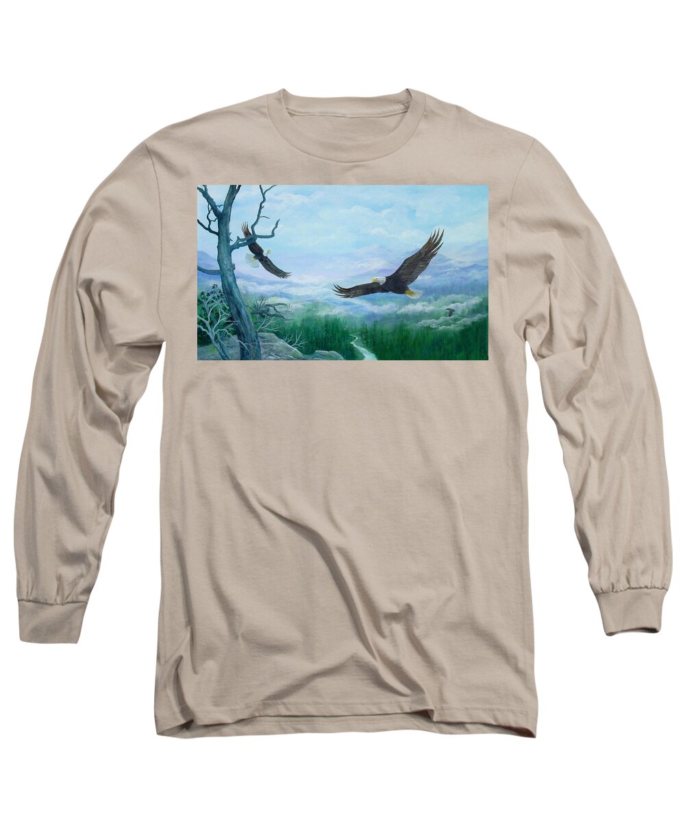 Eagles;birds;river Valley;mountains;sky; Long Sleeve T-Shirt featuring the painting Soaring by Lois Mountz