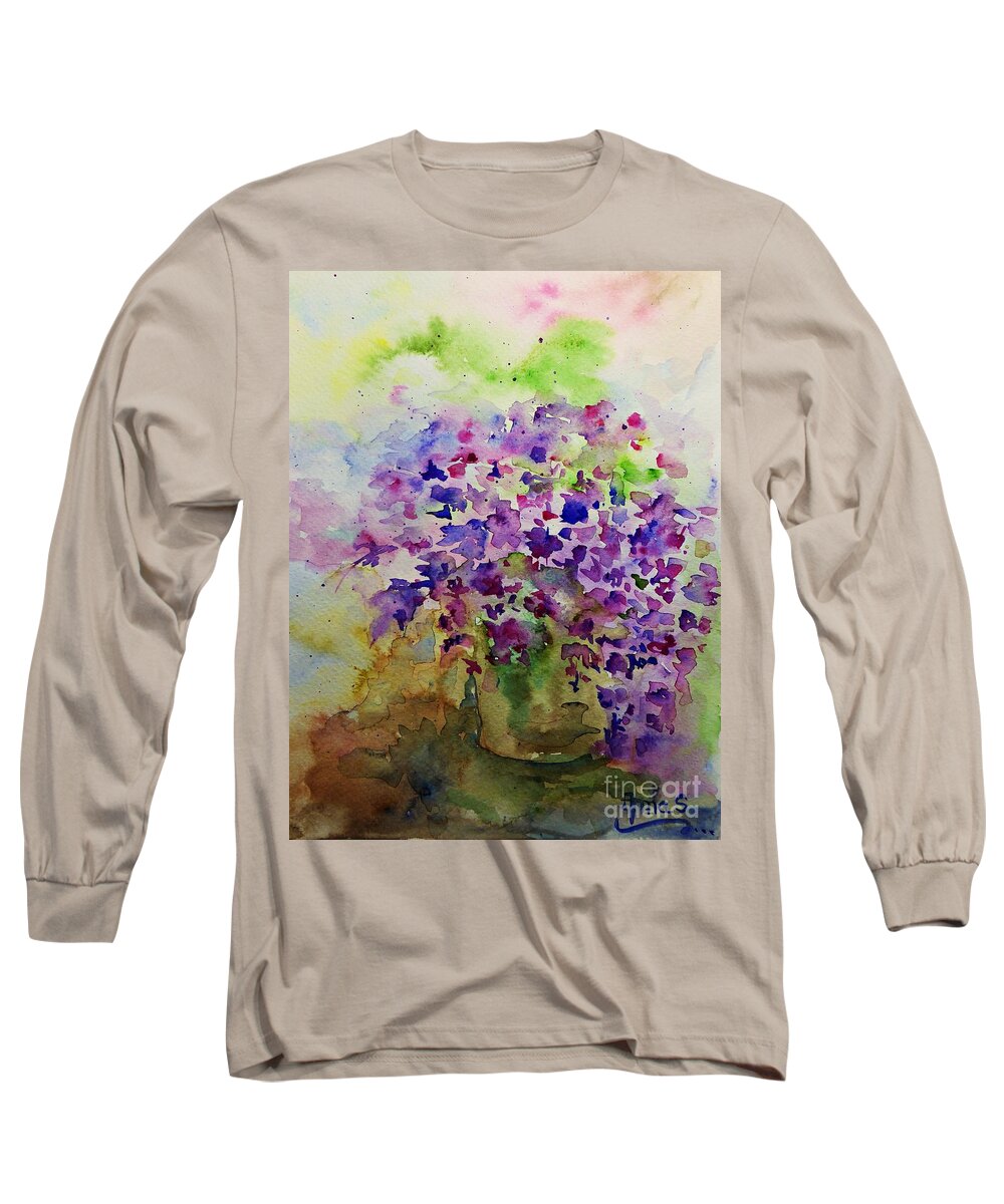 Spring Long Sleeve T-Shirt featuring the painting Spring Purple Flowers Watercolor by Amalia Suruceanu