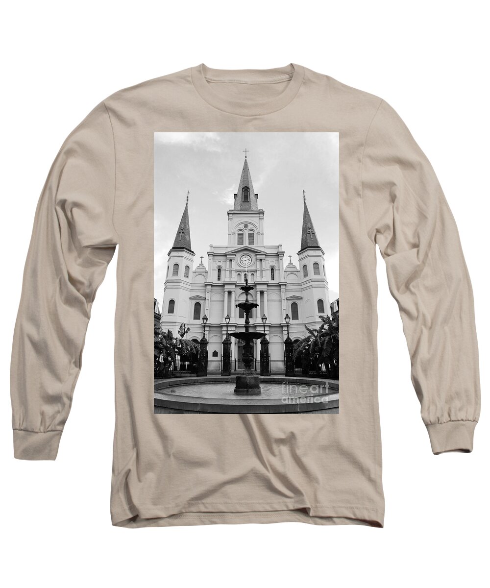 Travelpixpro New Orleans Long Sleeve T-Shirt featuring the photograph St Louis Cathedral and Fountain Jackson Square French Quarter New Orleans Black and White by Shawn O'Brien