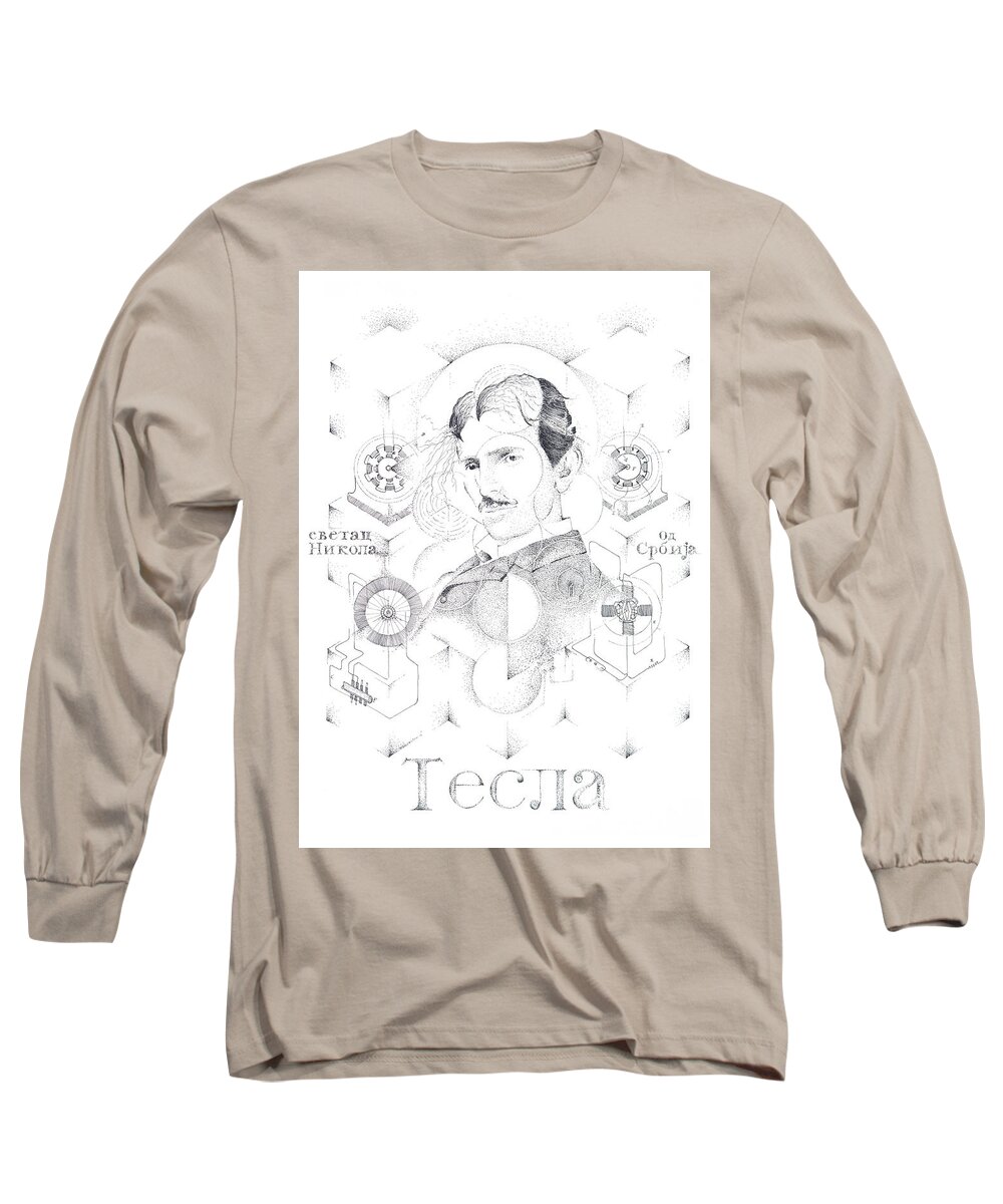 Nikola Tesla Long Sleeve T-Shirt featuring the drawing St. Nikola Tesla of Serbia Sombra de Arreguin by Doug Johnson