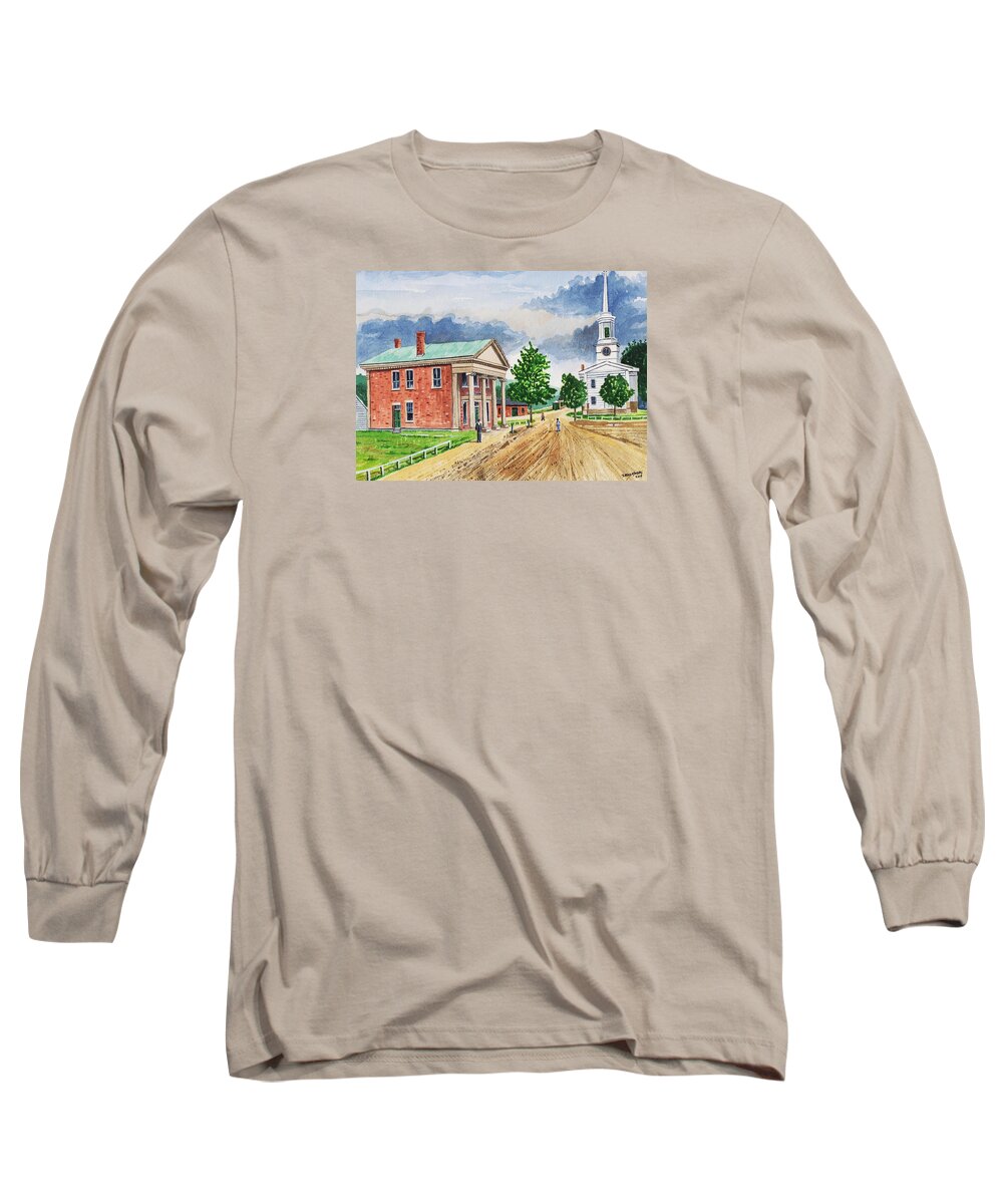 Brick Long Sleeve T-Shirt featuring the painting Stafford Springs Ct. main st. 1870's by Jeff Blazejovsky