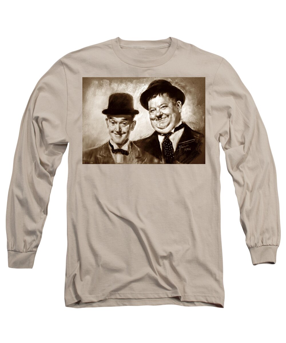 Stan Laurel Long Sleeve T-Shirt featuring the drawing Stan Laurel Oliver Hardy by Ylli Haruni