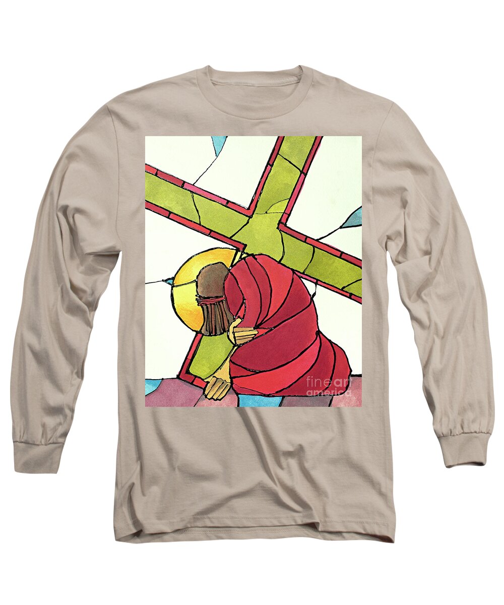 Stations Of The Cross - 07 Jesus Falls A Second Time Long Sleeve T-Shirt featuring the painting Stations of the Cross - 07 Jesus Falls a Second Time - MMJTI by Br Mickey McGrath OSFS