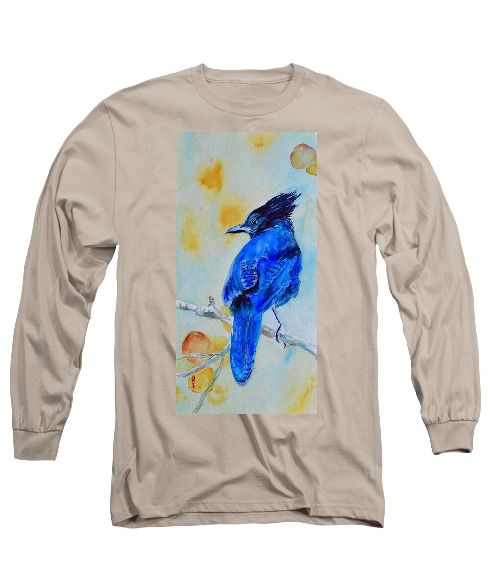Jay Long Sleeve T-Shirt featuring the painting Steller's Jay On Aspen by Beverley Harper Tinsley