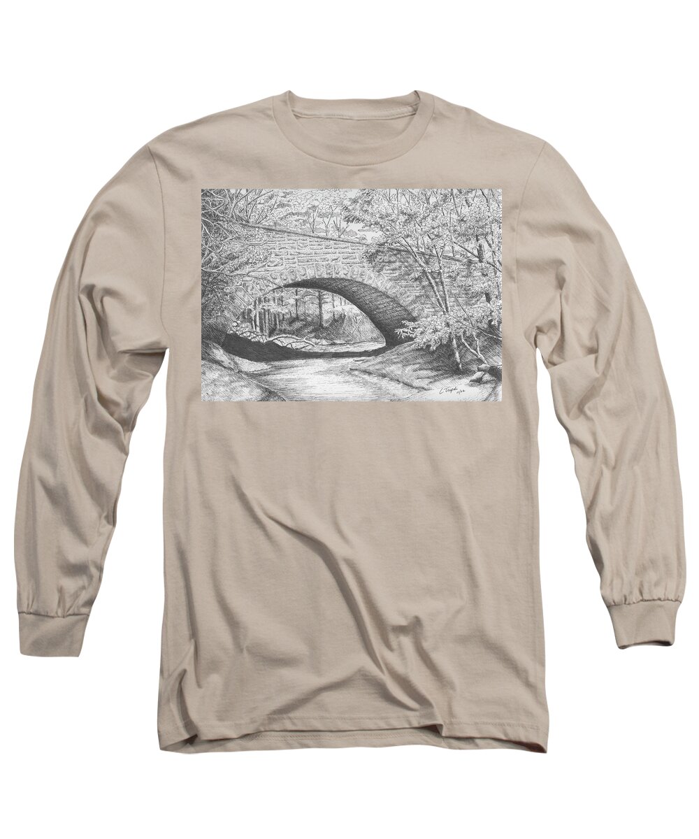 Landscape Long Sleeve T-Shirt featuring the drawing Stone Bridge by Lawrence Tripoli