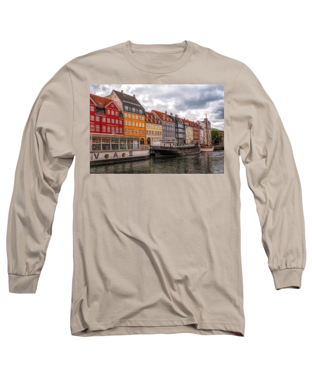 Copenhagen Long Sleeve T-Shirt featuring the digital art Storm Clouds Over Nyhavn by Mick Burkey