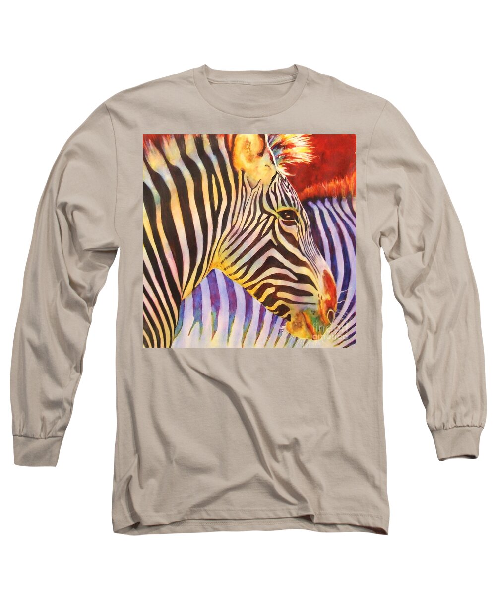 Zebra Long Sleeve T-Shirt featuring the painting Stripes by Greg and Linda Halom