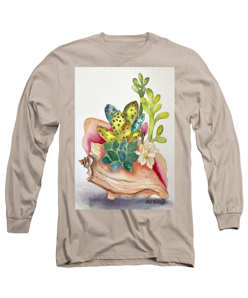 Succulents Long Sleeve T-Shirt featuring the painting Succulents in Shell by Hilda Vandergriff