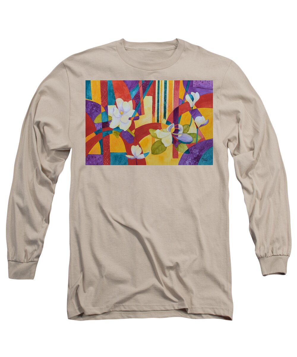 Magnolias Long Sleeve T-Shirt featuring the painting Summer Magnolias by Nancy Jolley