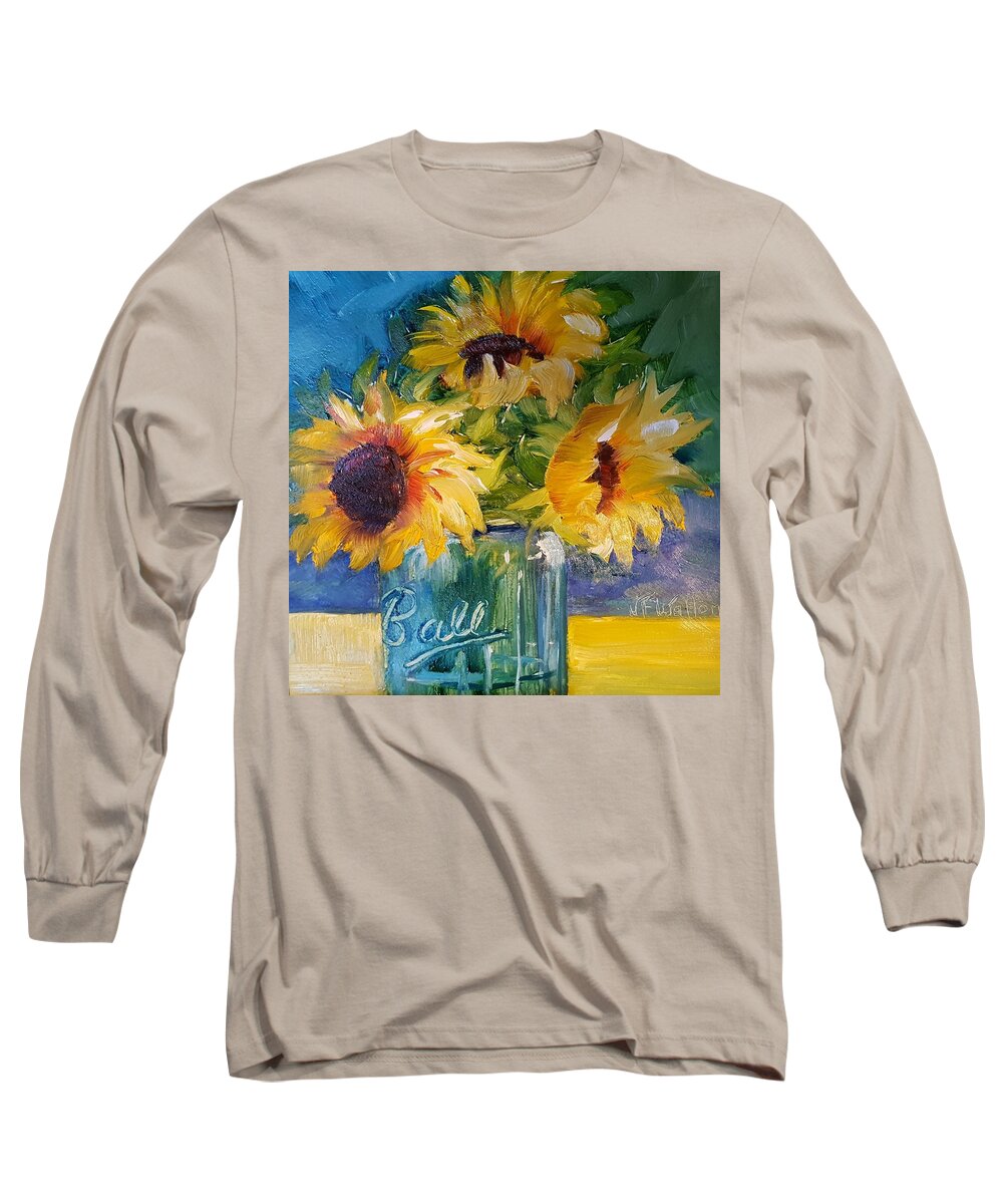Sunflowers Long Sleeve T-Shirt featuring the painting Sunfowers/Blue Ball jar by Judy Fischer Walton