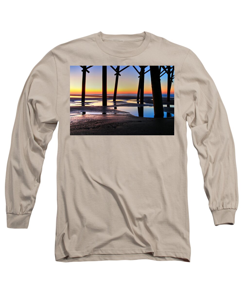 Folly Pier Long Sleeve T-Shirt featuring the photograph Sunrise Under Folly Pier by Carol Montoya