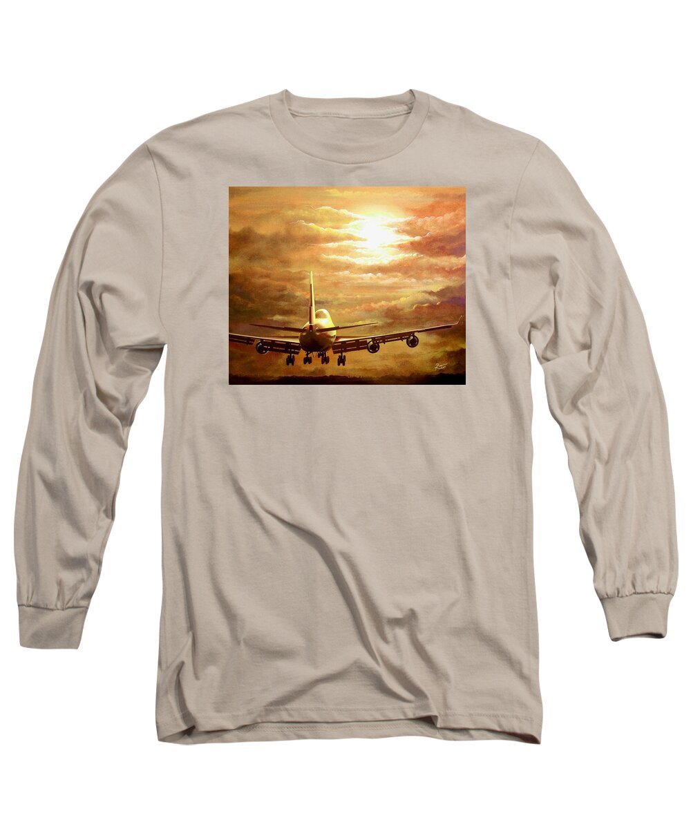 747 Long Sleeve T-Shirt featuring the painting Sunset Touchdown by Peter Ring Sr