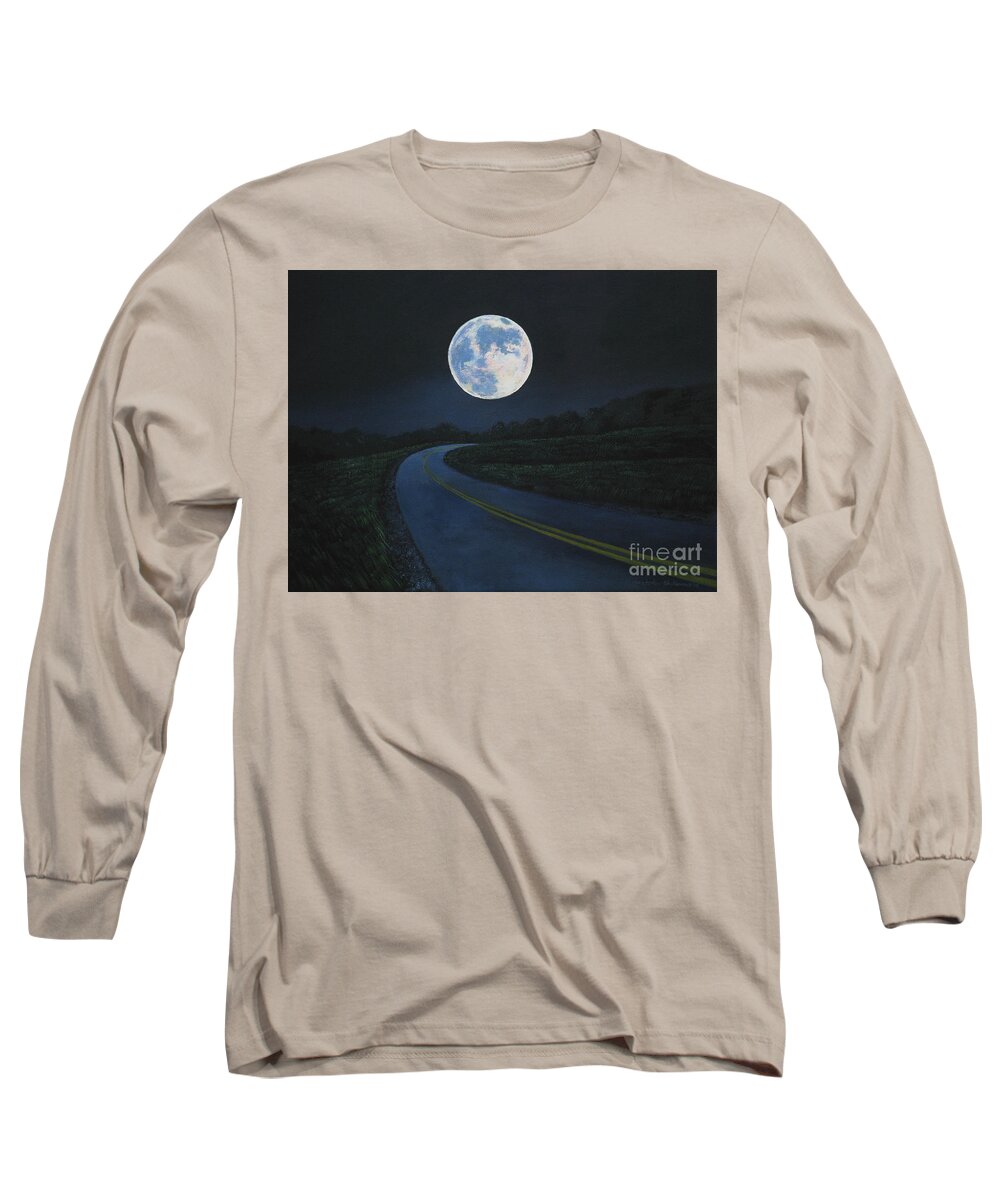 Super Moon Long Sleeve T-Shirt featuring the painting Super Moon at the end of the road by Christopher Shellhammer