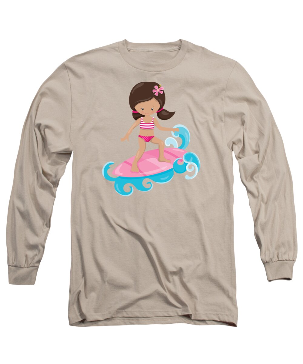 Surfer Art Long Sleeve T-Shirt featuring the digital art Surfer Art Catch A Wave Girl With Surfboard #19 by KayeCee Spain