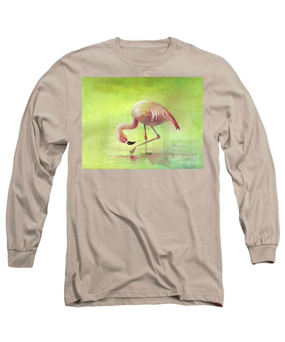 Flamingo Long Sleeve T-Shirt featuring the painting Take a Bow by Amy Kirkpatrick