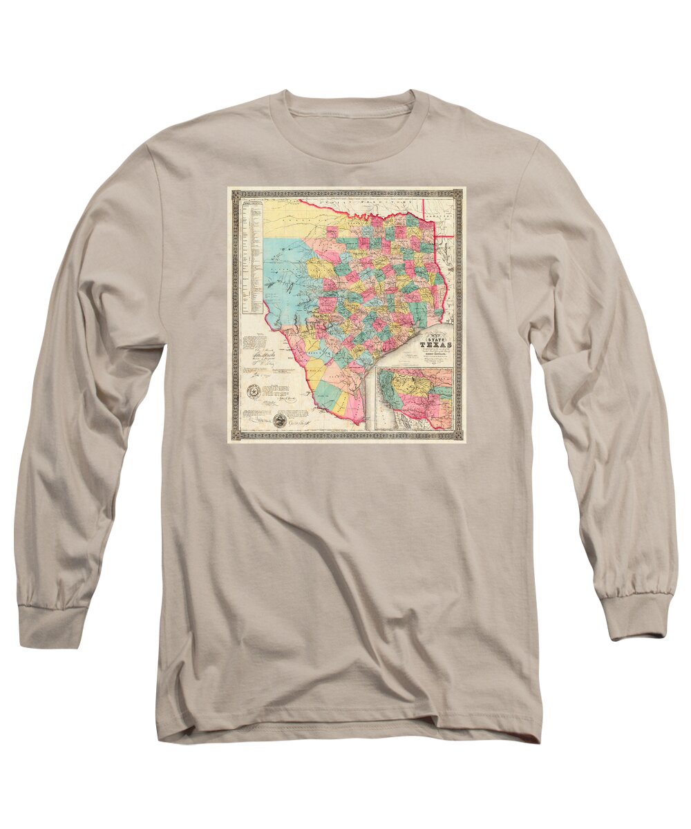 Texas Long Sleeve T-Shirt featuring the digital art Texas 1856 by J. De Cordova by Texas Map Store