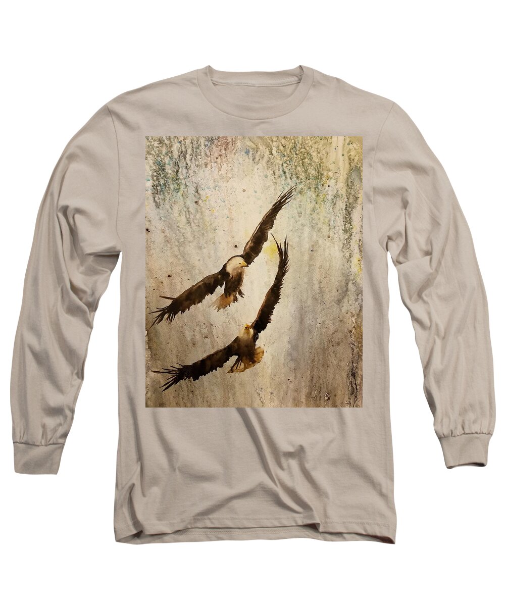 The Eagles And Waterfall Long Sleeve T-Shirt featuring the painting The eagles and waterfall by Han in Huang wong