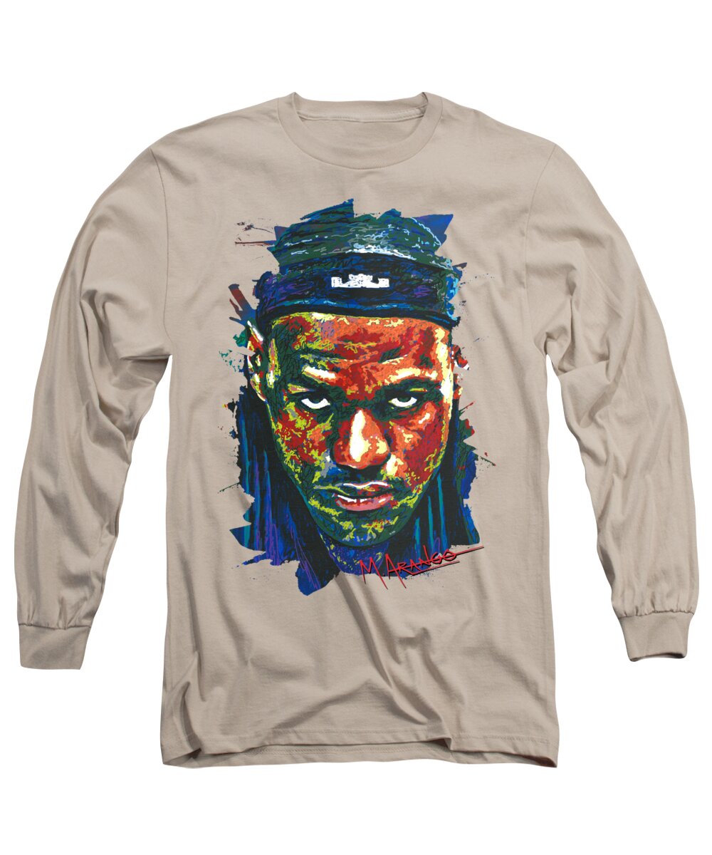 Lebron Long Sleeve T-Shirt featuring the painting The LeBron Death Stare by Maria Arango