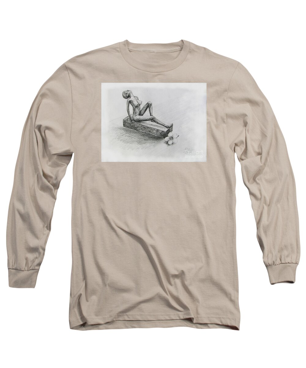 Nude Long Sleeve T-Shirt featuring the drawing The Nude Sculpture by Sukalya Chearanantana
