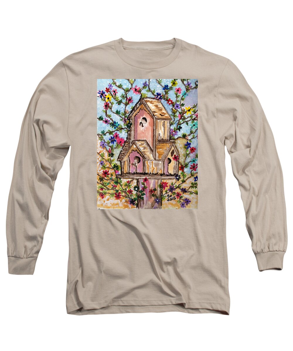 Bird House Long Sleeve T-Shirt featuring the painting The opening of spring by Connie Valasco