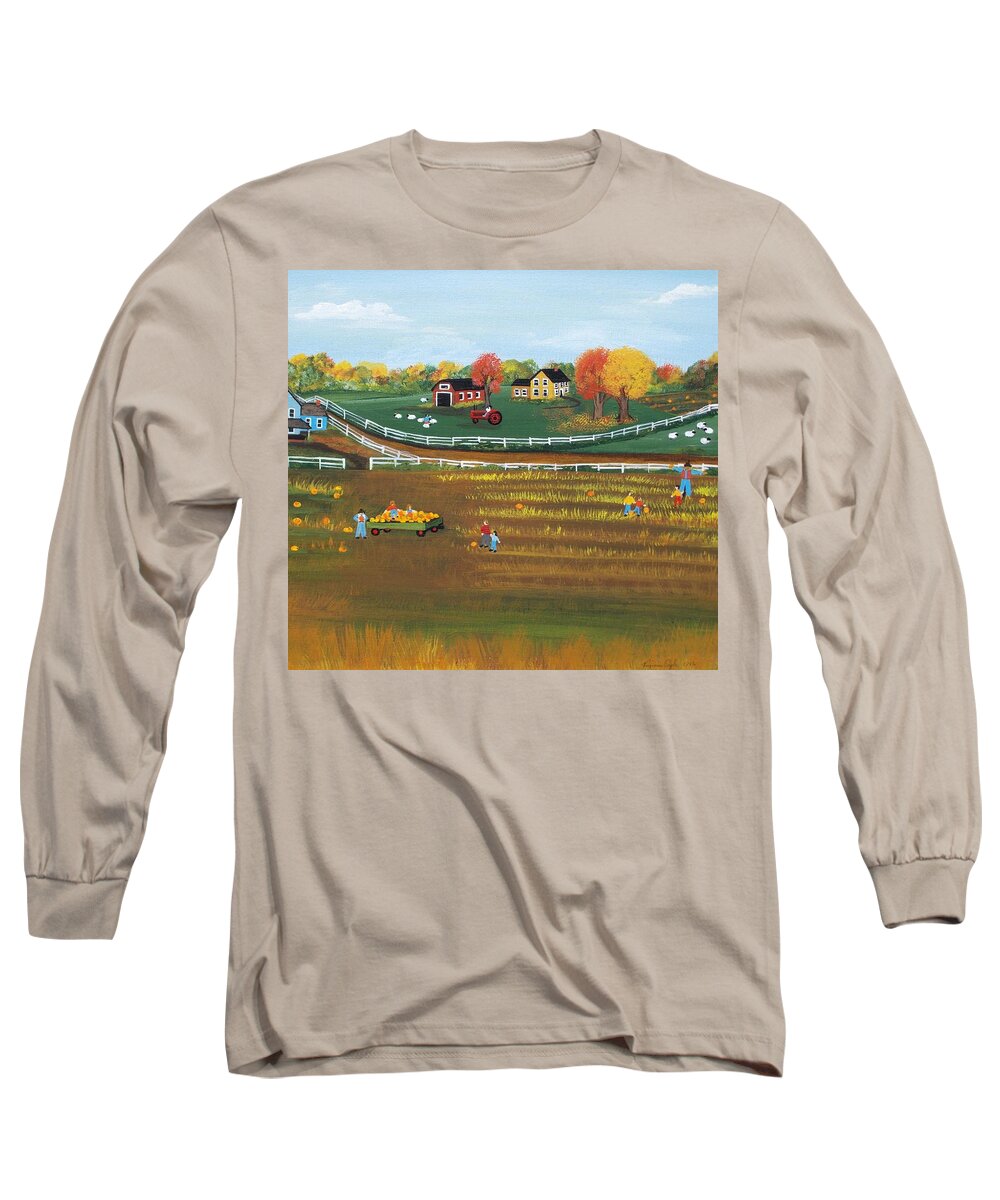 Grandma Moses Long Sleeve T-Shirt featuring the painting The Pumpkin Patch by Virginia Coyle