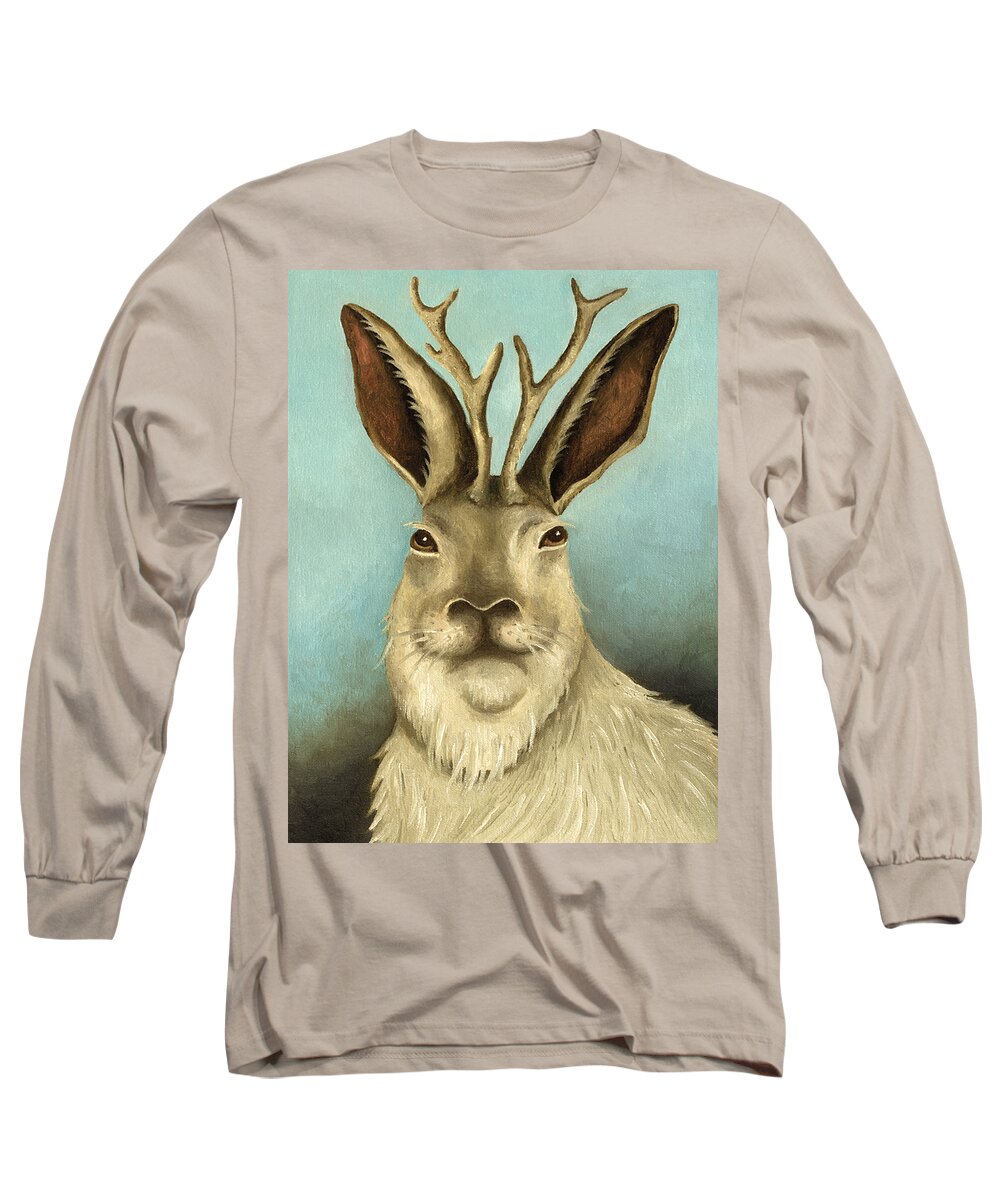 Jackalope Long Sleeve T-Shirt featuring the painting The Real Jackalope by Leah Saulnier The Painting Maniac