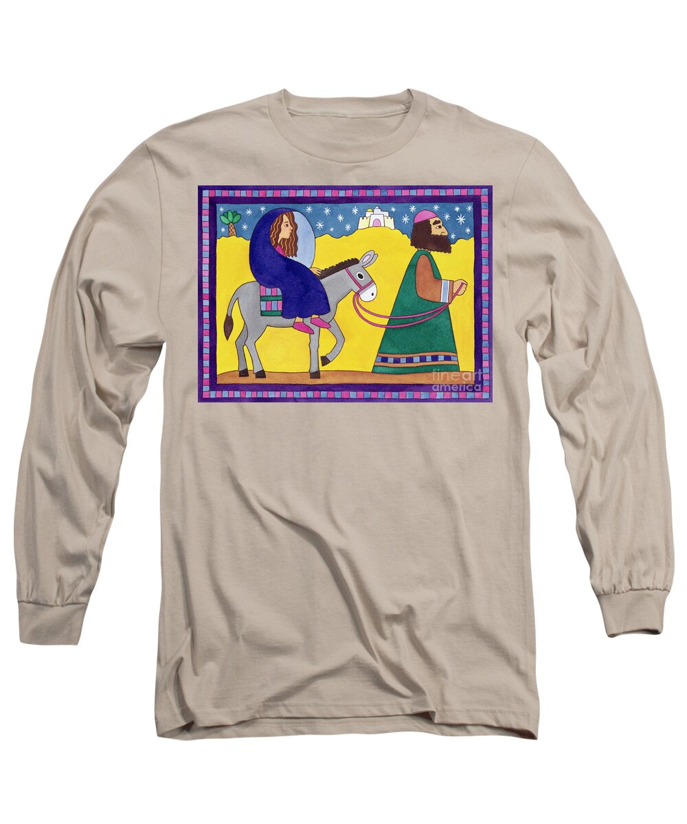 Donkey; Cloak; Palm Tree; Desert; Leading; Bethlehem Long Sleeve T-Shirt featuring the painting The Road to Bethlehem by Cathy Baxter