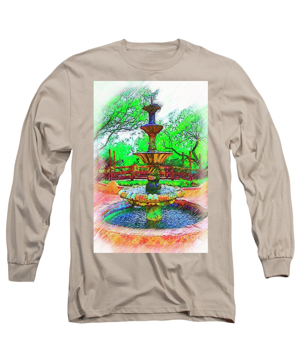Fountain Long Sleeve T-Shirt featuring the digital art The Spanish Courtyard Fountain by Kirt Tisdale