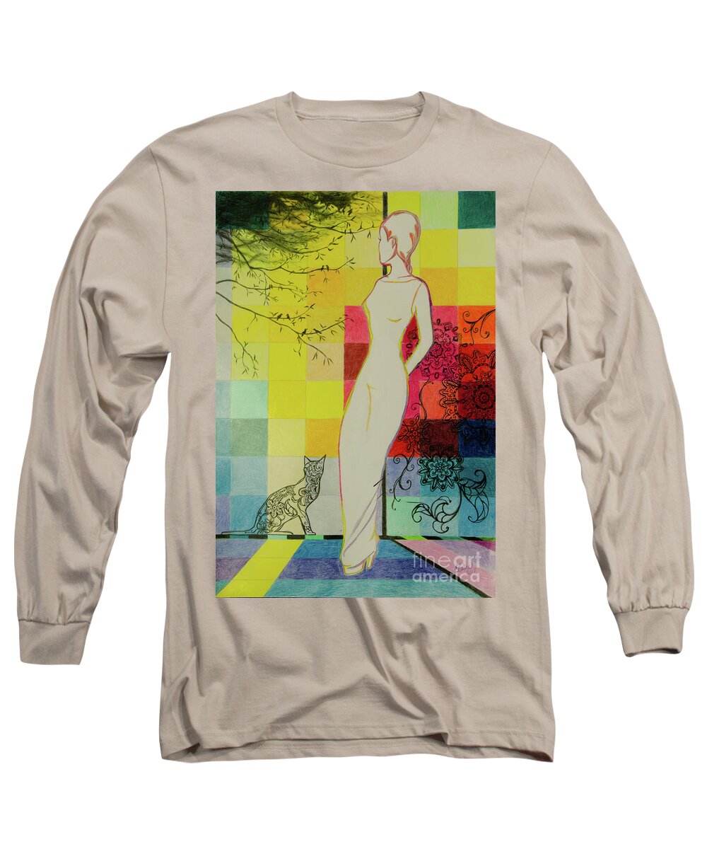 Woman Long Sleeve T-Shirt featuring the drawing Thinking of you by Elaine Berger