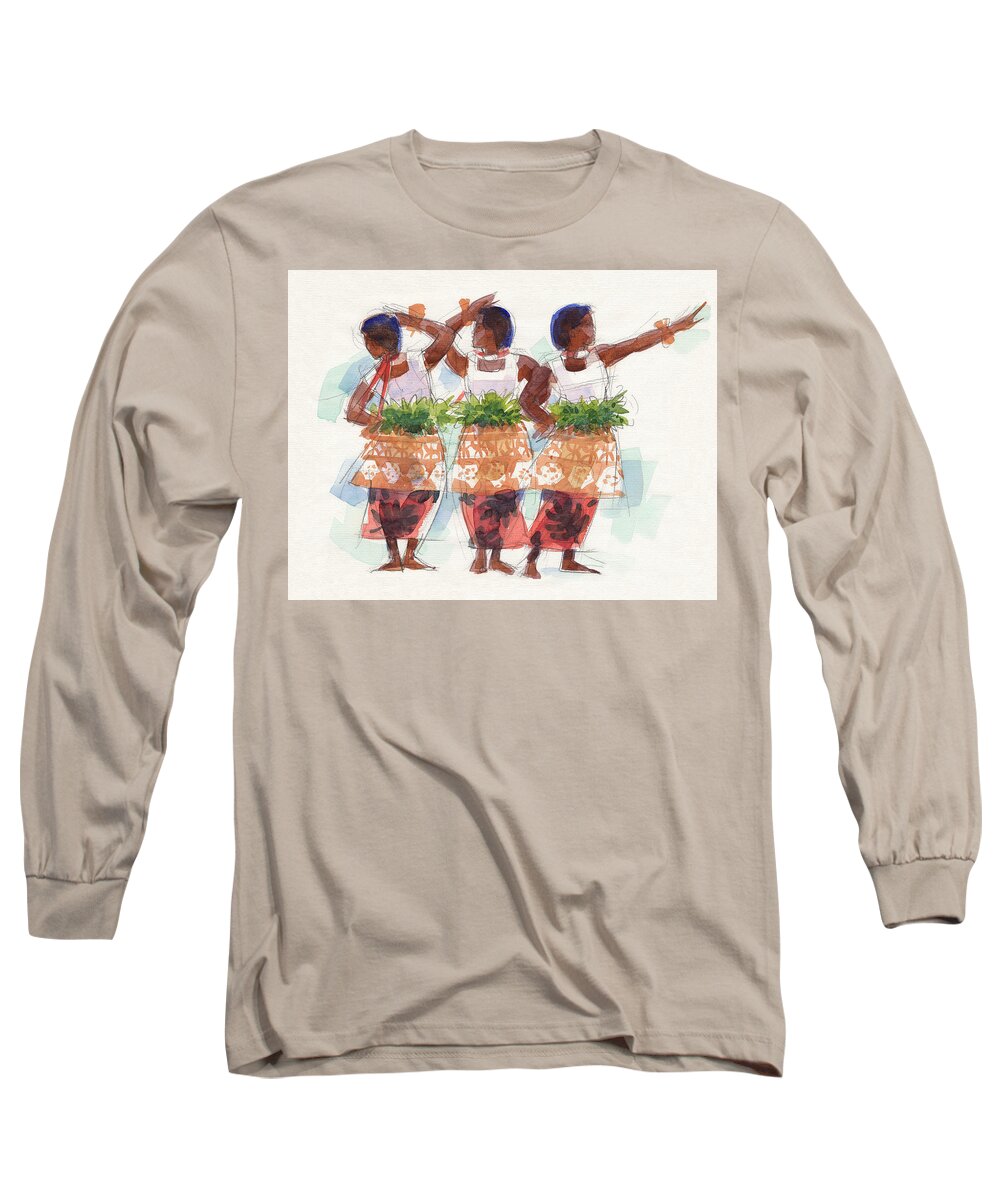 Dancers Long Sleeve T-Shirt featuring the painting Three Fijian Dancers by Judith Kunzle