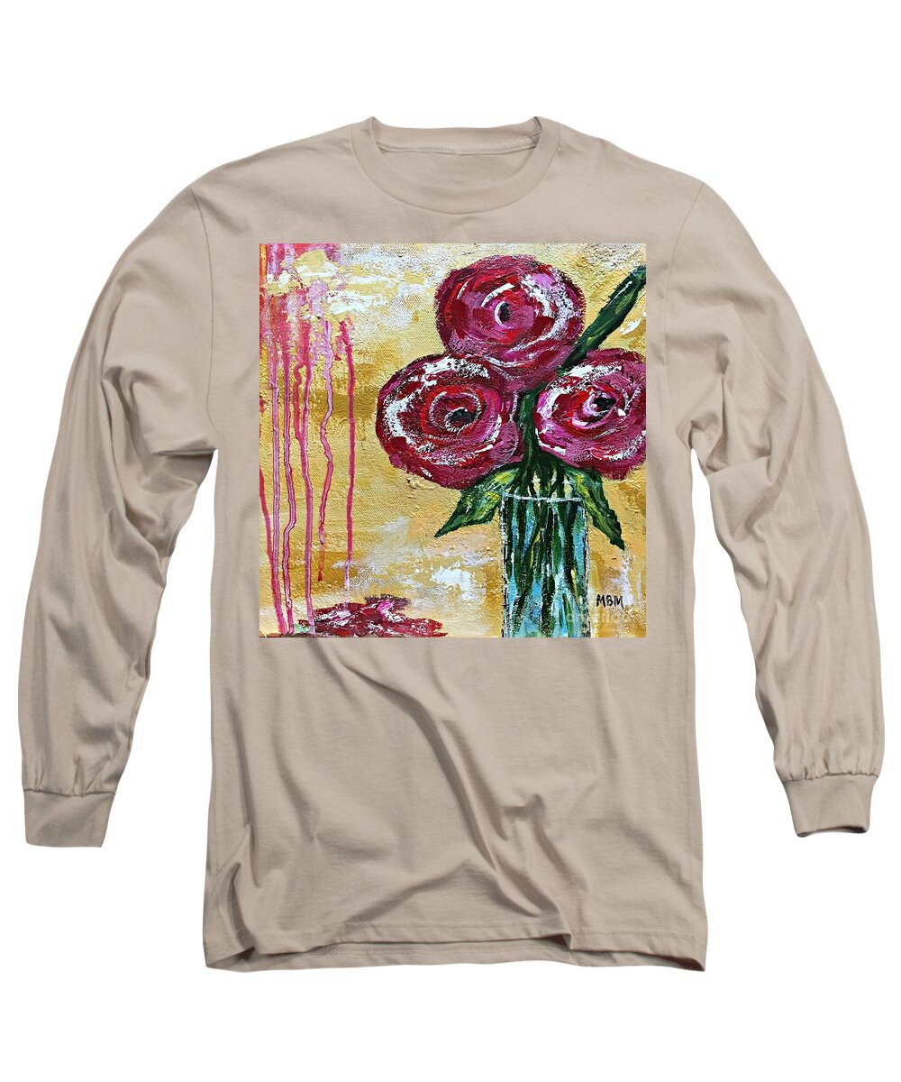 Roses Long Sleeve T-Shirt featuring the painting Three Roses by Mary Mirabal