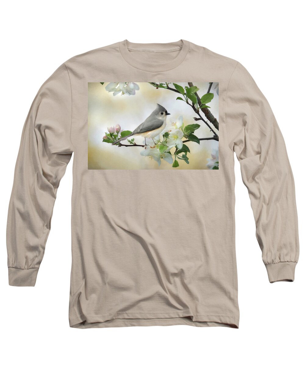 Bird Long Sleeve T-Shirt featuring the mixed media Titmouse in Blossoms 1 by Lori Deiter