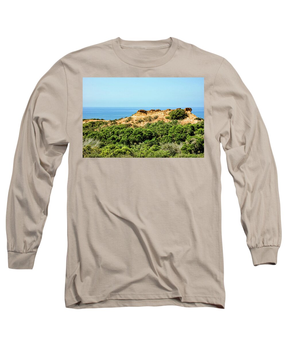 Georgia Mizuleva Long Sleeve T-Shirt featuring the painting Torrey Pines California - Chaparral on the Coastal Cliffs by Georgia Mizuleva