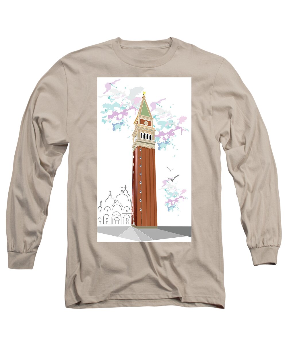 Tower Of Campanile In Venice By Marina Usmanskaya Long Sleeve T-Shirt featuring the digital art Tower of Campanile in Venice by Marina Usmanskaya