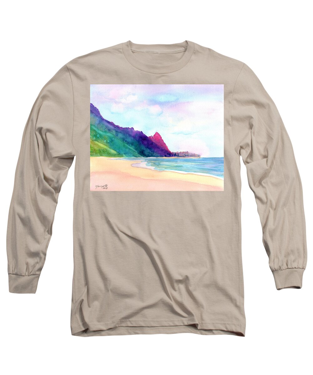 Kauai Tunnels Beach Long Sleeve T-Shirt featuring the painting Tunnels Beach 4 by Marionette Taboniar